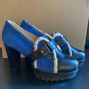 TEENMIX Leather Suede Block Heeled Platform Pumps